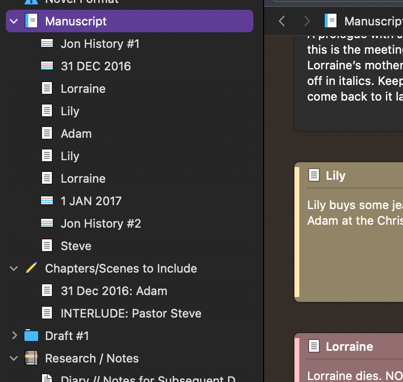 Here's the binder view for my current Scrivener project. The "Draft #1" folder contains an entire novel. Slowly — but surely! — it's being put into the Manuscript, revised and rewritten.